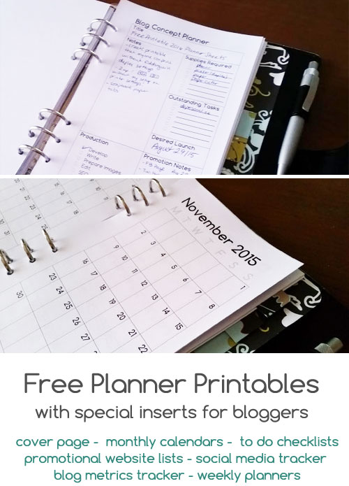 Craftcore | Free Planner Printables with special inserts for bloggers | cover page -  monthly calendars -  to do checklists promotional website lists - social media tracker  blog metrics tracker - weekly planners