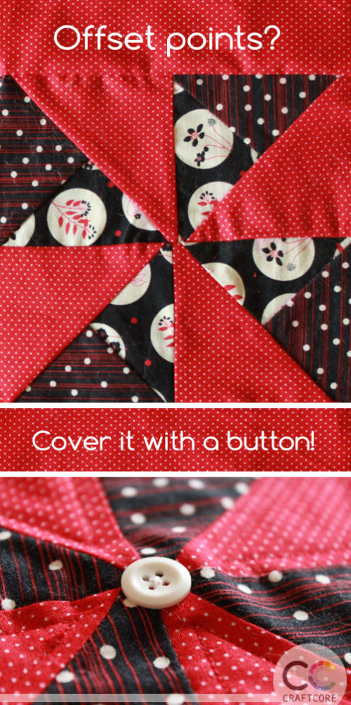 Oops!  Ugly offset points on your pinwheel quilt block?  Cover it with a button!  Fixed it! | Craftcore