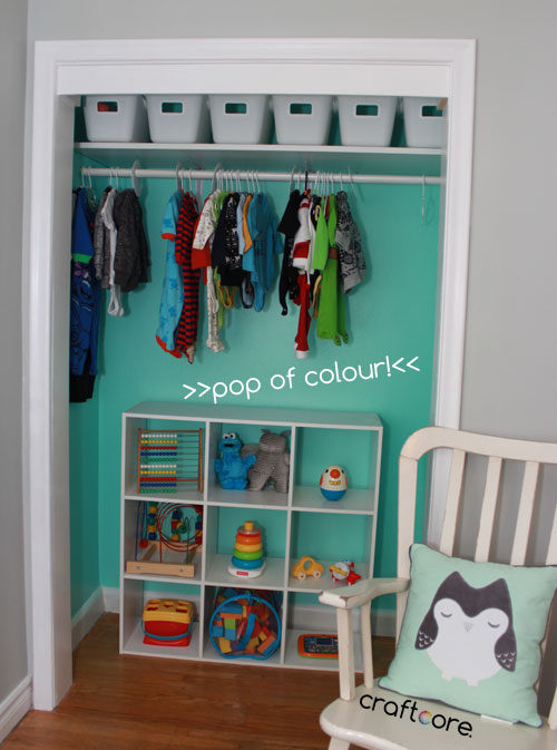 Craftcore Light & Bright Closet Reveal | Baby Nursery Closet Sneak Peek.  Pop of colour in the closet to brighten up a grey infant room.
