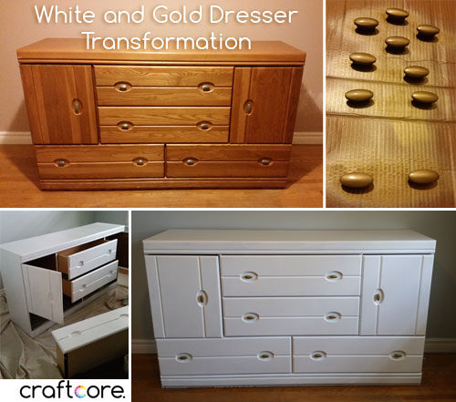 Mint and Grey Nursery Reveal - Dresser Change Table Transformation DIY. From fake wood veneer to white with gold knobs.